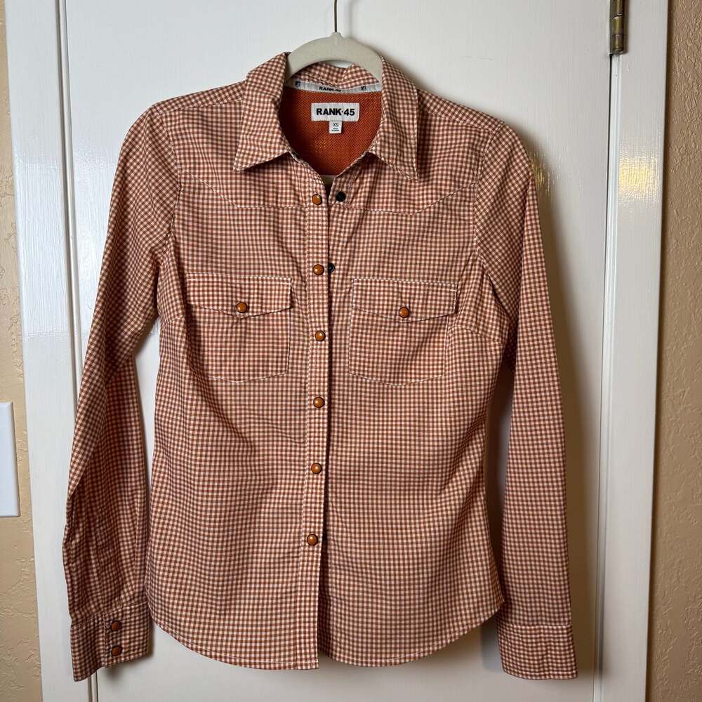 Rank 45 Women's Burnt Orange Gingham Western Snap Button Down Shirt Size XS